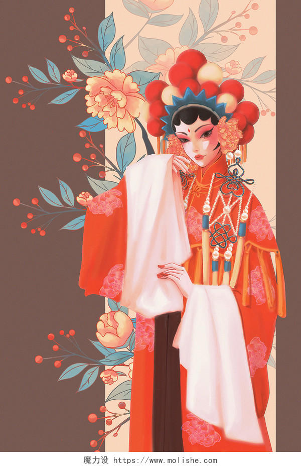 中国风国潮戏曲古风美女红色牡丹背景插画元素女人